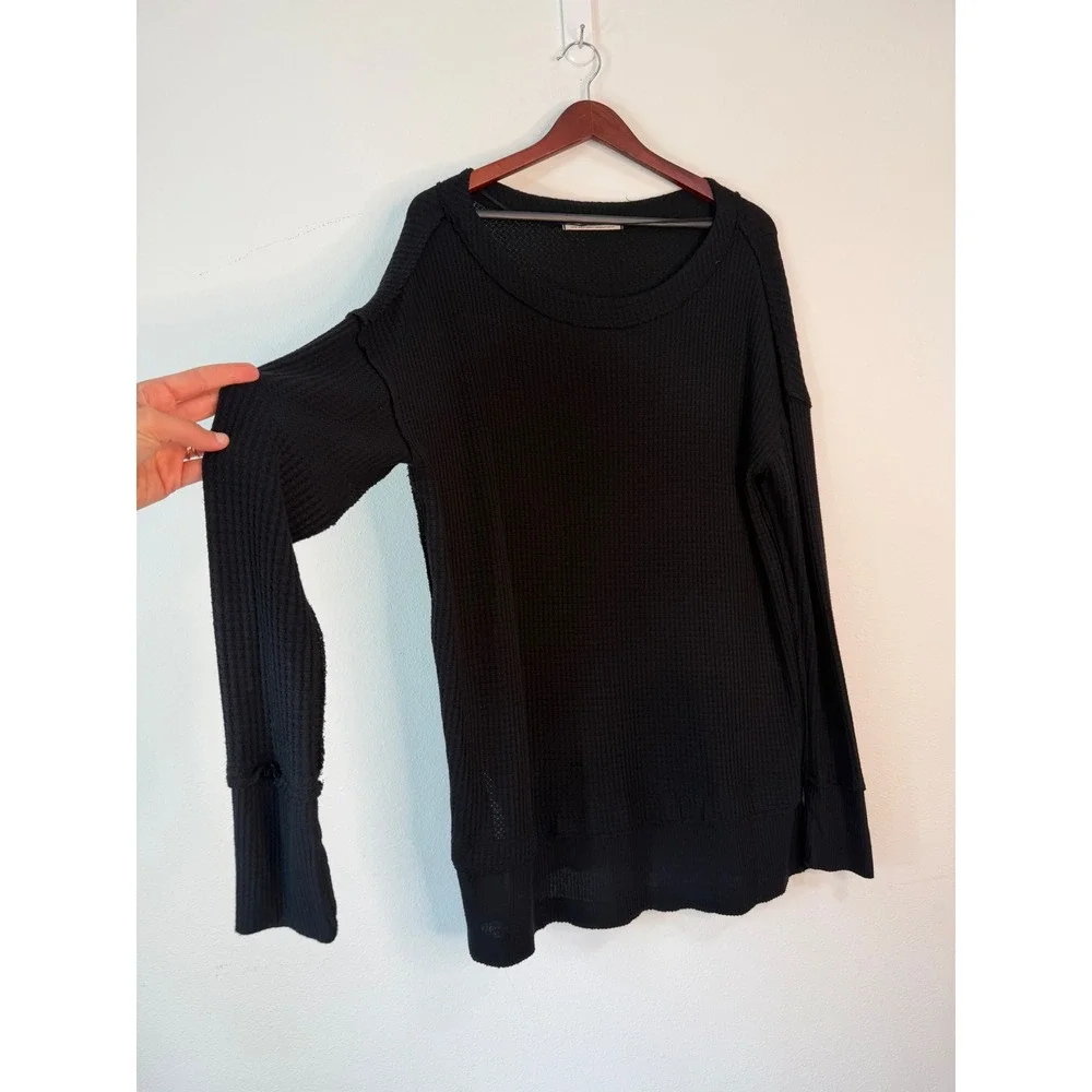 Free People We The Free North Shore Thermal Knit Tunic Top Black Womens Large